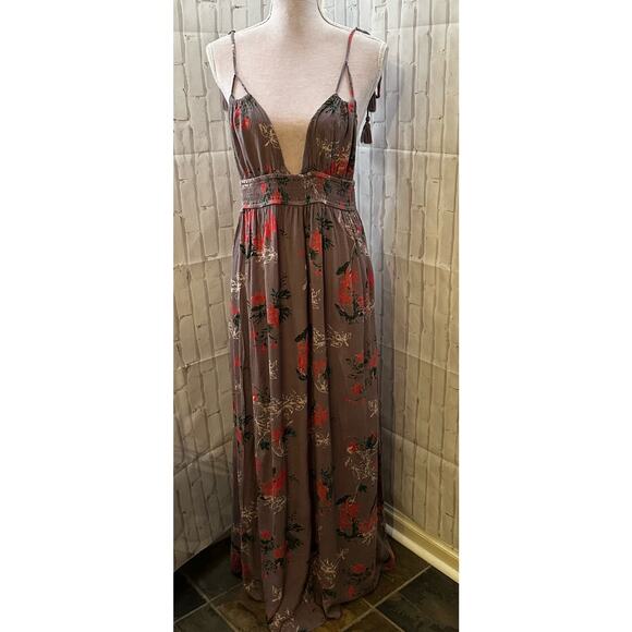 In Creme Floral Print Gemini Smocked Tie Shoulder Maxi Dress Sz L - Picture 3 of 9